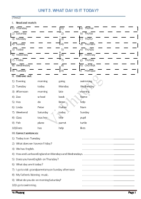 Bài tập kiểm tra Tiếng anh lớp 4 - Unit 3 What day is it today